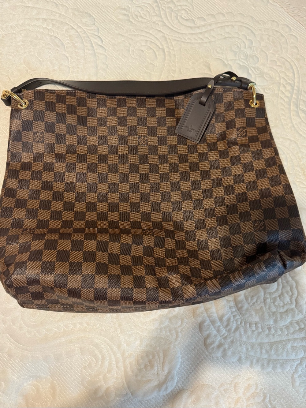 Lovely Louis Vuitton Brown Checkered Shoulder Bag with Dark Brown Strap